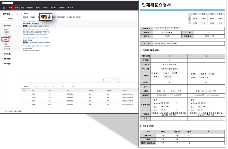 비즈오피스 전자결재 완료함에서 재발송으로 수신처를 지정하는 화면