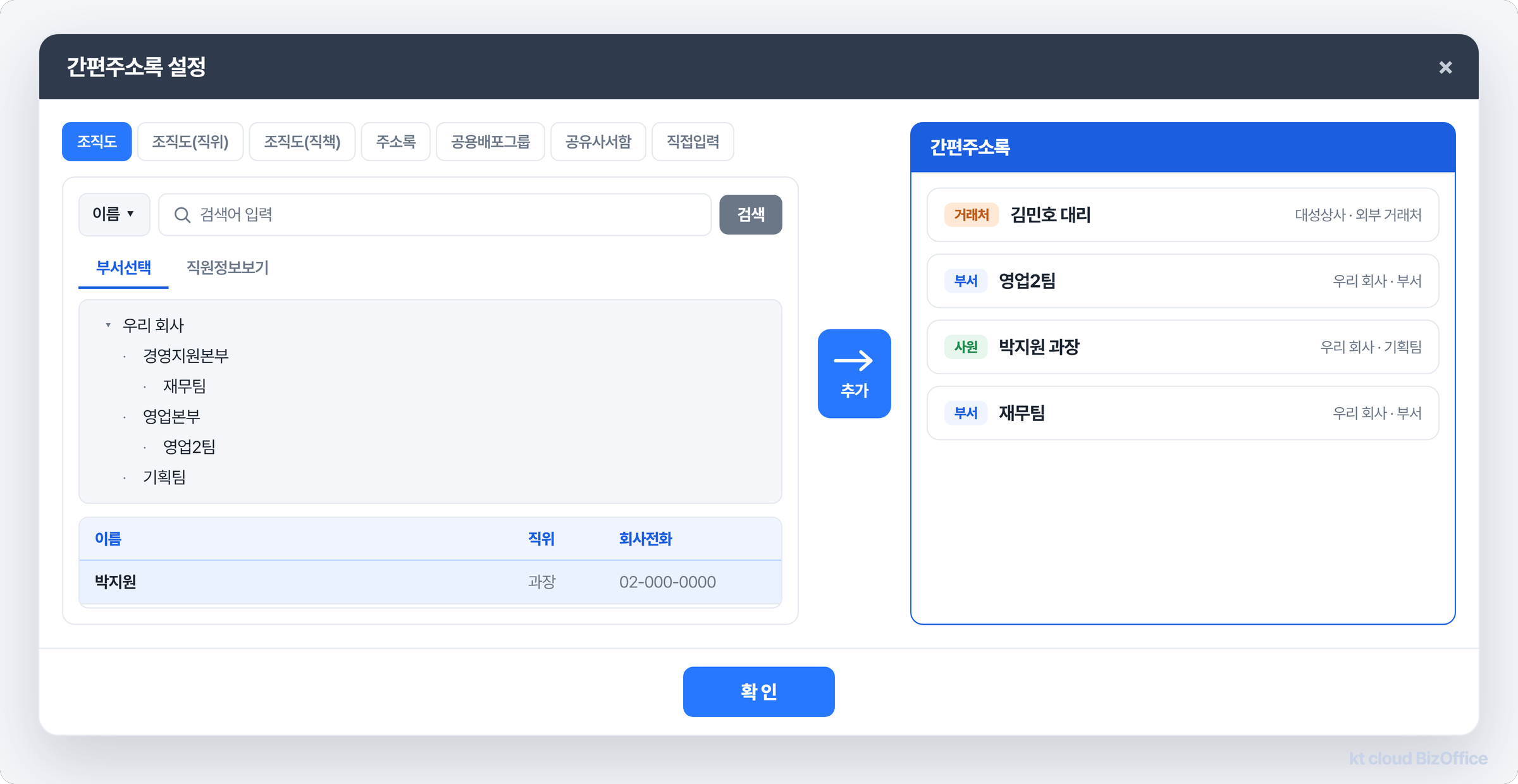 간편주소록 설정 화면에서 조직도와 주소록, 공용배포그룹 등에서 자주 쓰는 사람과 부서, 외부 거래처를 골라 간편주소록에 등록하는 비즈오피스 메일 화면